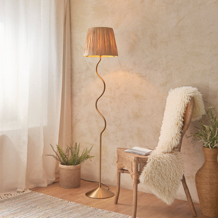 2 PACK 1500mm Tall Floor Lamp - Brushed aged brass plate & natural raffia - 10W LED E27