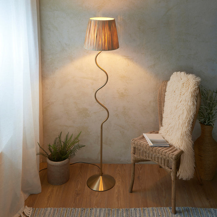 2 PACK 1500mm Tall Floor Lamp - Brushed aged brass plate & natural raffia - 10W LED E27
