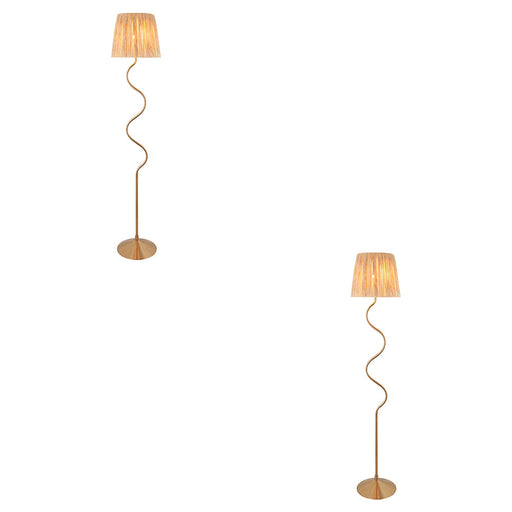 2 PACK 1500mm Tall Floor Lamp - Brushed aged brass plate & natural raffia - 10W LED E27