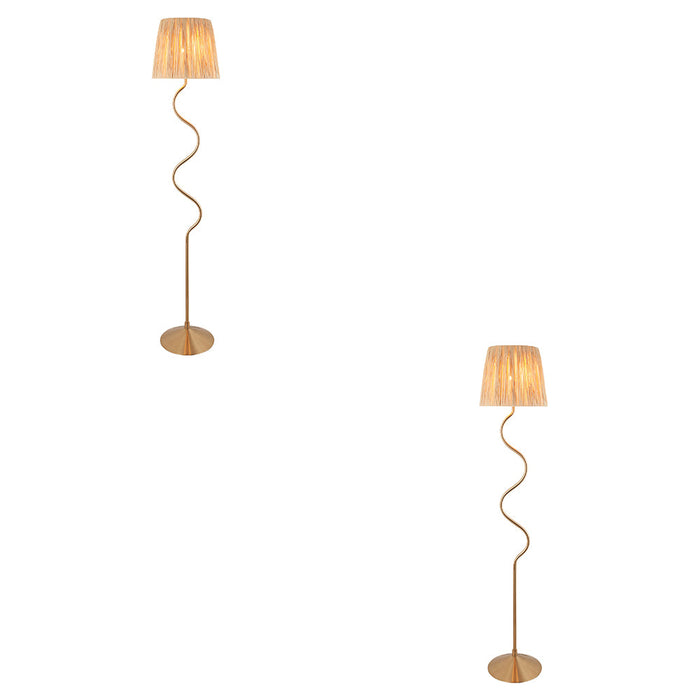 2 PACK 1500mm Tall Floor Lamp - Brushed aged brass plate & natural raffia - 10W LED E27