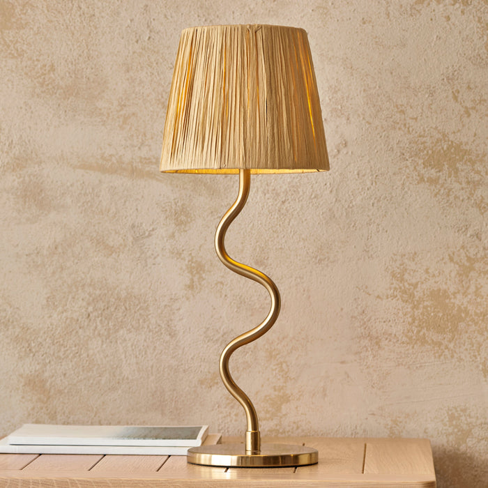 Table Lamp & Shade - Brushed aged brass plate & natural raffia - 7W LED E14