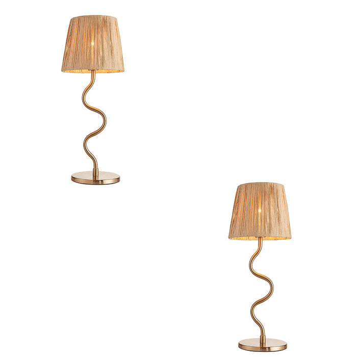 2 PACK Table Lamp & Shade - Brushed aged brass plate & natural raffia - 7W LED E14