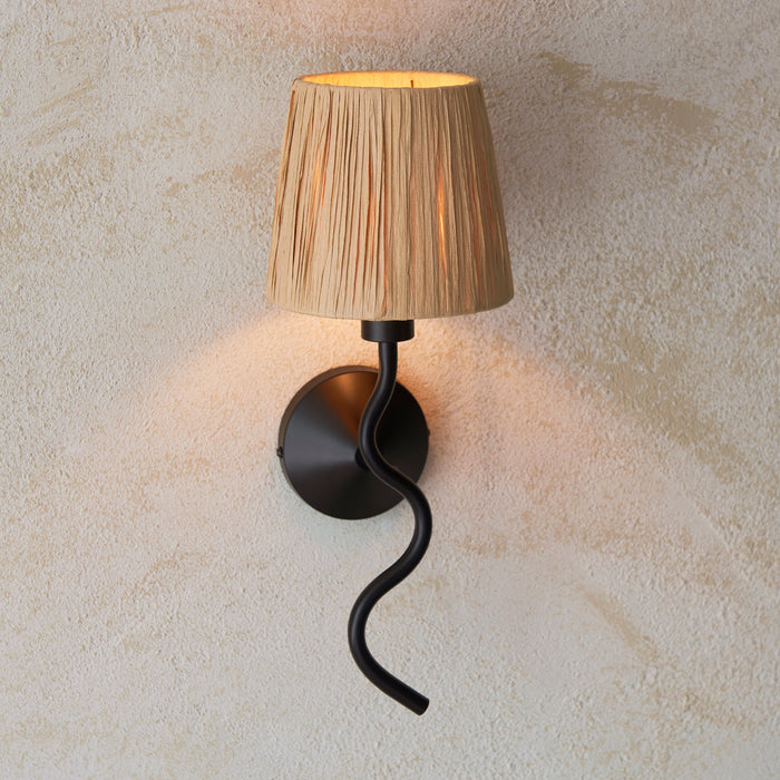 Dimmable Wall Light - Matt black & natural raffia - Trendy Wave Arm Bedside Sconce