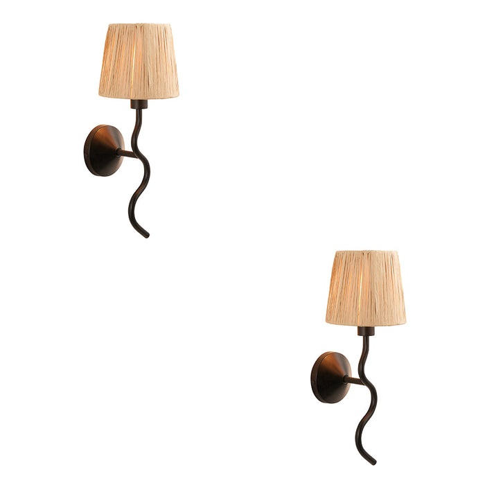 2 PACK Dimmable Wall Light - Matt black & natural raffia - Trendy Wave Arm Bedside Sconce