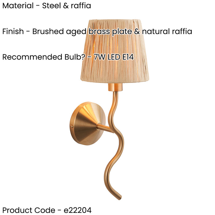 Dimmable Wall Light - Brushed aged brass plate & natural raffia - Trendy Wave Arm Bedside Sconce