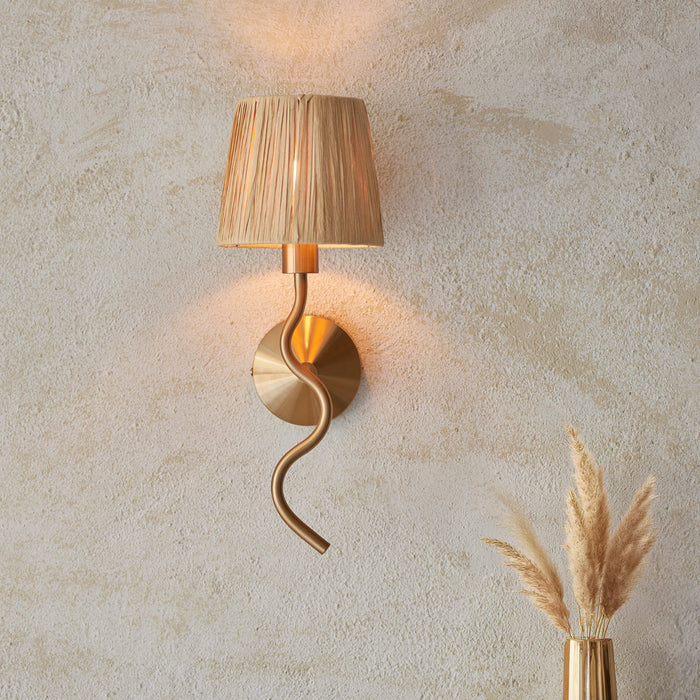 2 PACK Dimmable Wall Light - Brushed aged brass plate & natural raffia - Trendy Wave Arm Bedside Sconce