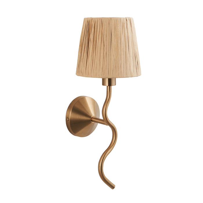 Dimmable Wall Light - Brushed aged brass plate & natural raffia - Trendy Wave Arm Bedside Sconce