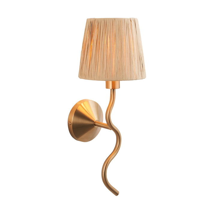 Dimmable Wall Light - Brushed aged brass plate & natural raffia - Trendy Wave Arm Bedside Sconce