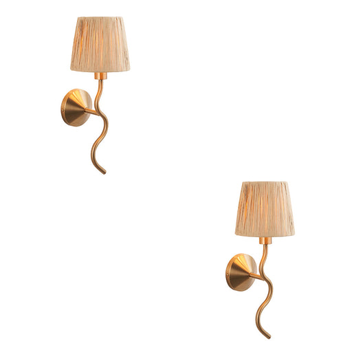 2 PACK Dimmable Wall Light - Brushed aged brass plate & natural raffia - Trendy Wave Arm Bedside Sconce
