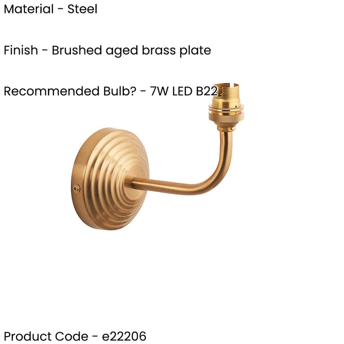 2 PACK Dimmable Wall Light - Brushed aged brass plate - Reeded Rose Arc Arm Sconce - 7W B22 LED