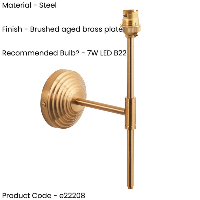 2 PACK Dimmable Wall Light - Brushed aged brass plate - Reeded Rose T Bar Arm Sconce - 7W B22 LED