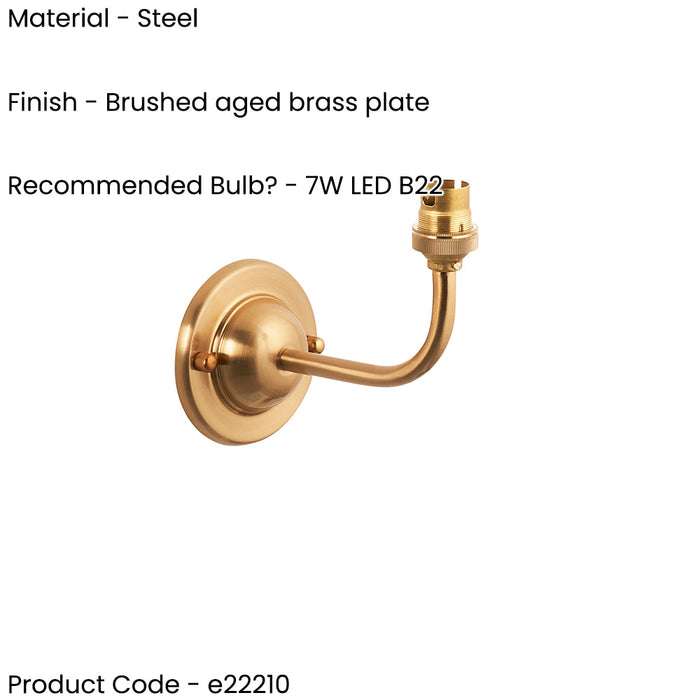 Dimmable Wall Light - Brushed aged brass plate - Classic Arc Arm Sconce - 7W B22 LED