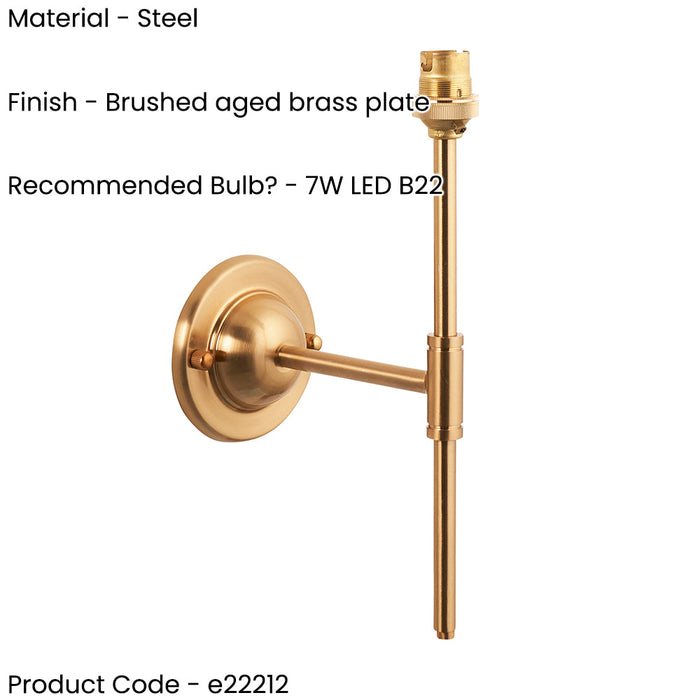 Dimmable Wall Light - Brushed aged brass plate - Classic T Bar Arm Sconce - 7W B22 LED