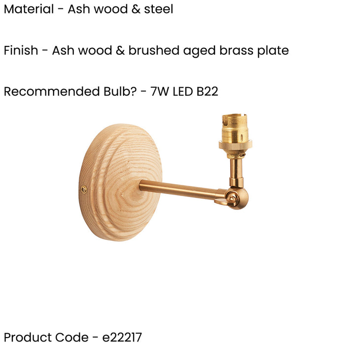 2 PACK Dimmable Wall Light - Ash & brushed aged brass plate - Wood Rose Wing Arm Sconce - 7W B22 LED