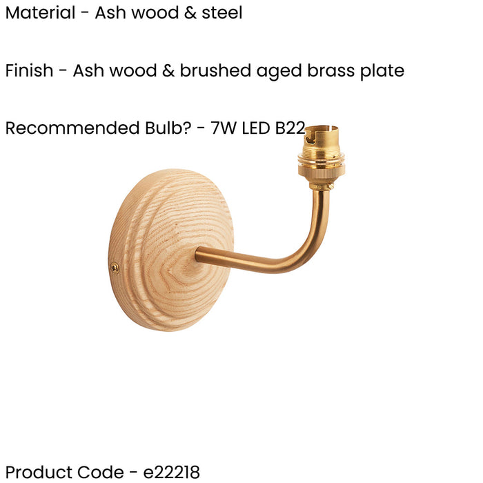 Dimmable Wall Light - Ash & brushed aged brass plate - Wood Rose Arc Arm Sconce - 7W B22 LED