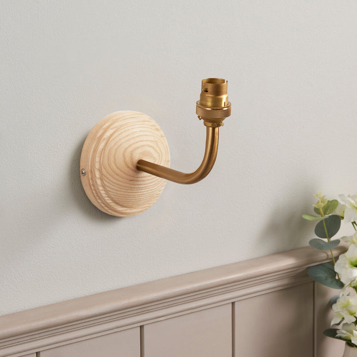 2 PACK Dimmable Wall Light - Ash & brushed aged brass plate - Wood Rose Arc Arm Sconce - 7W B22 LED