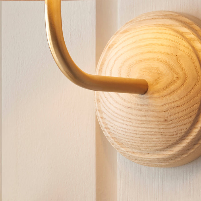 Dimmable Wall Light - Ash & brushed aged brass plate - Wood Rose Arc Arm Sconce - 7W B22 LED