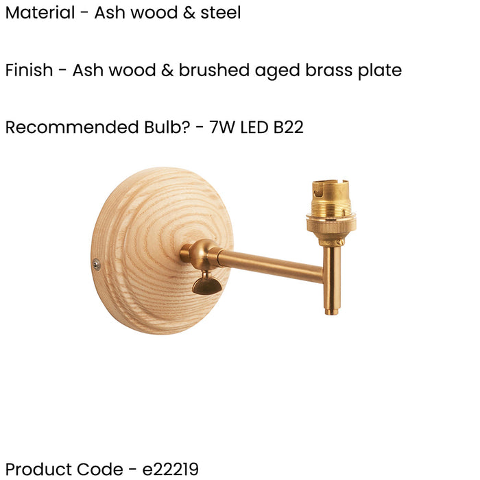 Dimmable Wall Light - Ash & brushed aged brass plate - Wood Rose Fold Arm Sconce - 7W B22 LED