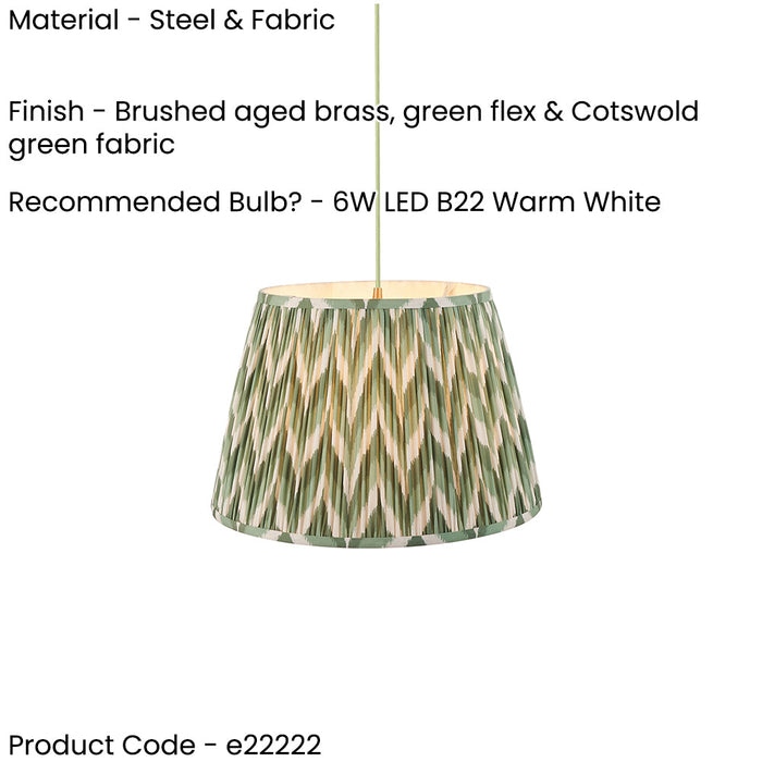 Hanging Ceiling Pendant Light - Brushed aged brass, green flex & Cotswold green fabric - 6W LED B22