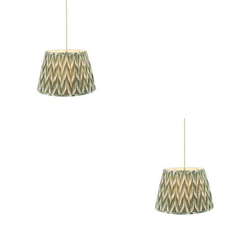 2 PACK Hanging Ceiling Pendant Light - Brushed aged brass, green flex & Cotswold green fabric - 6W LED B22