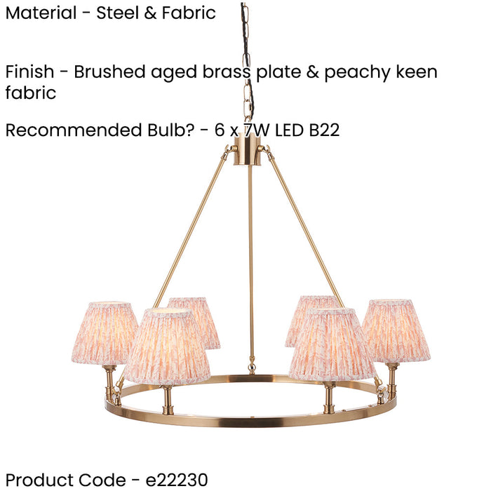 Hanging Ceiling Pendant Light - Brushed aged brass plate & peachy keen fabric - 6 x 7W LED B22