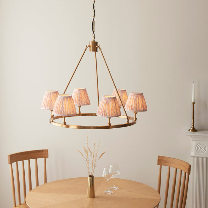 Hanging Ceiling Pendant Light - Brushed aged brass plate & peachy keen fabric - 6 x 7W LED B22