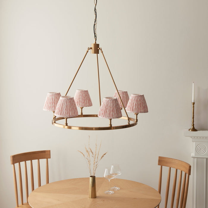 Hanging Ceiling Pendant Light - Brushed aged brass plate & peachy keen fabric - 6 x 7W LED B22