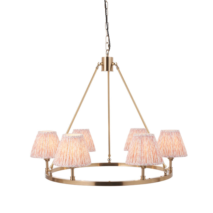 Hanging Ceiling Pendant Light - Brushed aged brass plate & peachy keen fabric - 6 x 7W LED B22