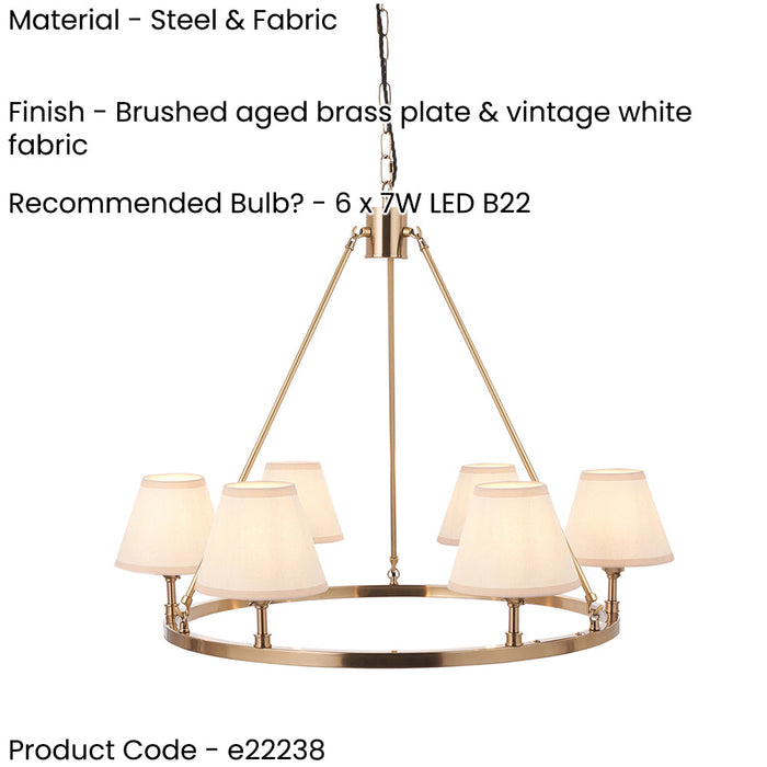 2 PACK Hanging Ceiling Pendant Light - Brushed aged brass plate & vintage white fabric - 6 x 7W LED B22