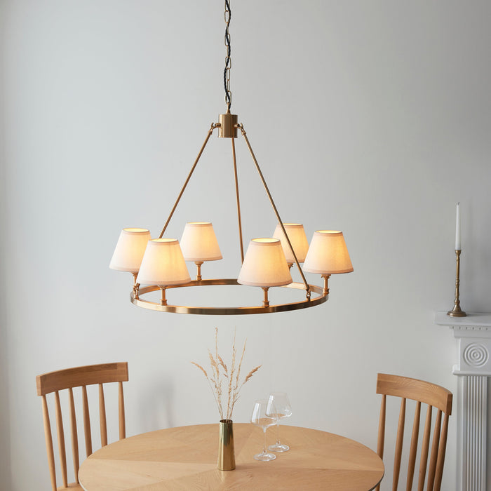 Hanging Ceiling Pendant Light - Brushed aged brass plate & vintage white fabric - 6 x 7W LED B22