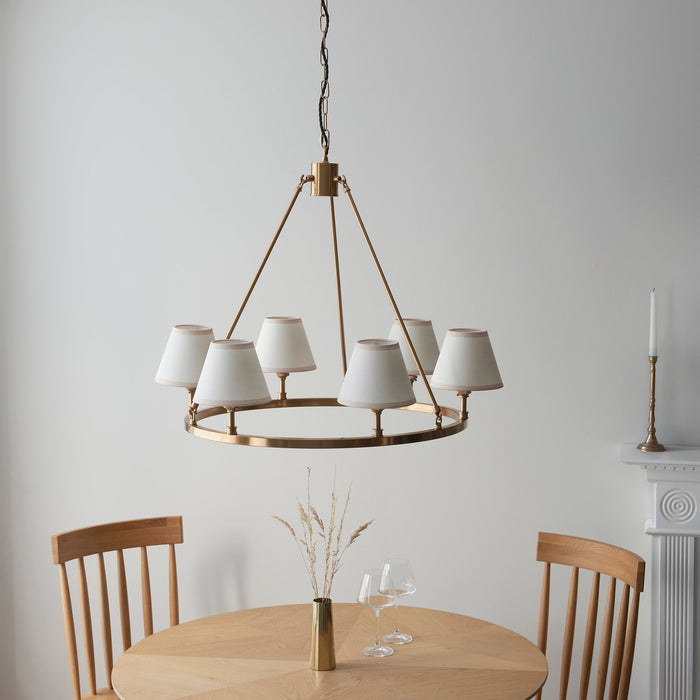 2 PACK Hanging Ceiling Pendant Light - Brushed aged brass plate & vintage white fabric - 6 x 7W LED B22