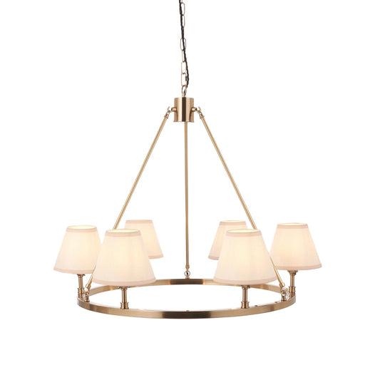 Hanging Ceiling Pendant Light - Brushed aged brass plate & vintage white fabric - 6 x 7W LED B22