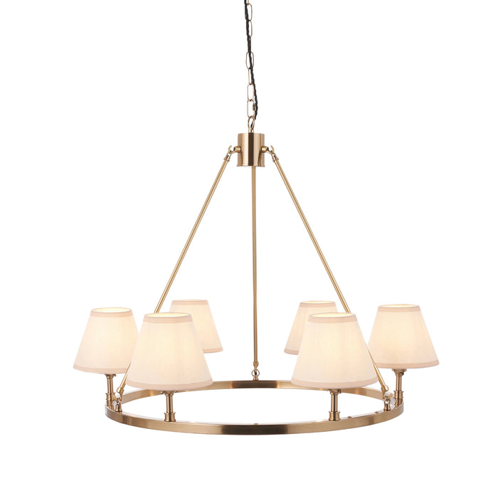 Hanging Ceiling Pendant Light - Brushed aged brass plate & vintage white fabric - 6 x 7W LED B22