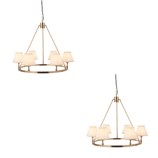 2 PACK Hanging Ceiling Pendant Light - Brushed aged brass plate & vintage white fabric - 6 x 7W LED B22