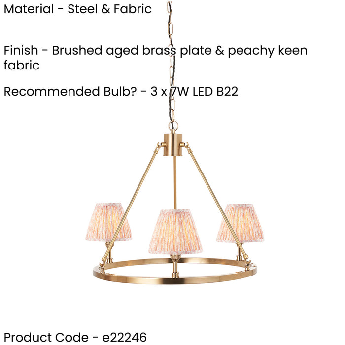 Hanging Ceiling Pendant Light - Brushed aged brass plate & peachy keen fabric - 3 x 7W LED B22