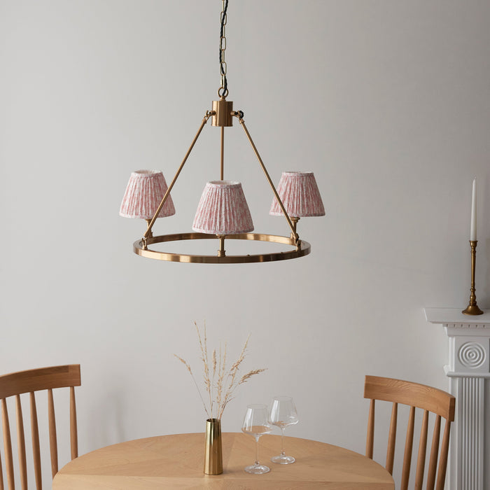 Hanging Ceiling Pendant Light - Brushed aged brass plate & peachy keen fabric - 3 x 7W LED B22