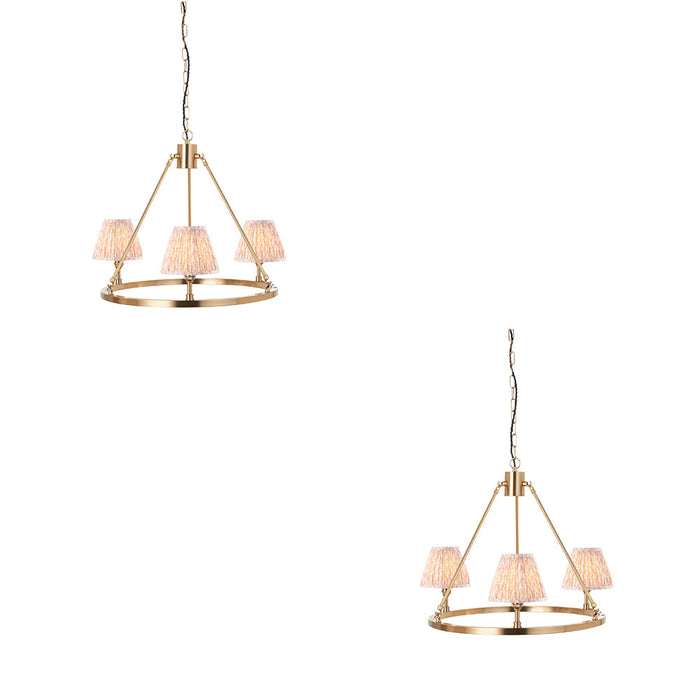 2 PACK Hanging Ceiling Pendant Light - Brushed aged brass plate & peachy keen fabric - 3 x 7W LED B22