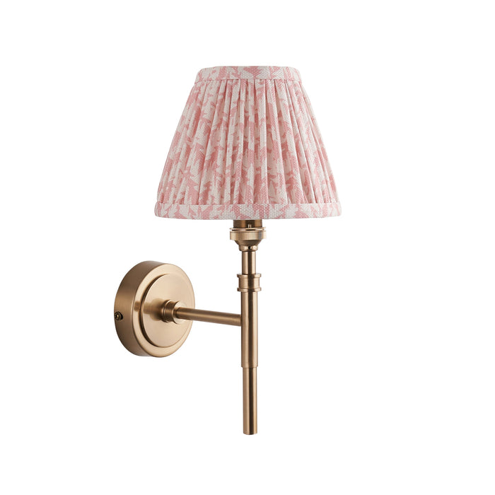 Dimmable Wall Light - Brushed aged brass plate & peachy keen fabric Shade - 7W B22 LED