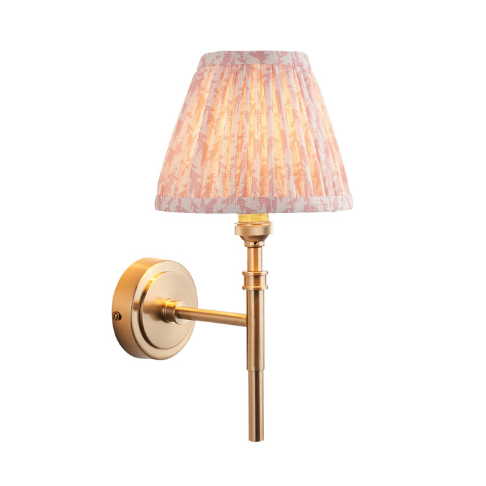 Dimmable Wall Light - Brushed aged brass plate & peachy keen fabric Shade - 7W B22 LED