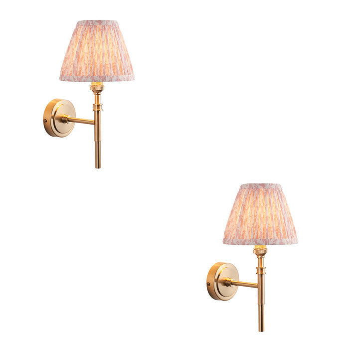 2 PACK Dimmable Wall Light - Brushed aged brass plate & peachy keen fabric Shade - 7W B22 LED