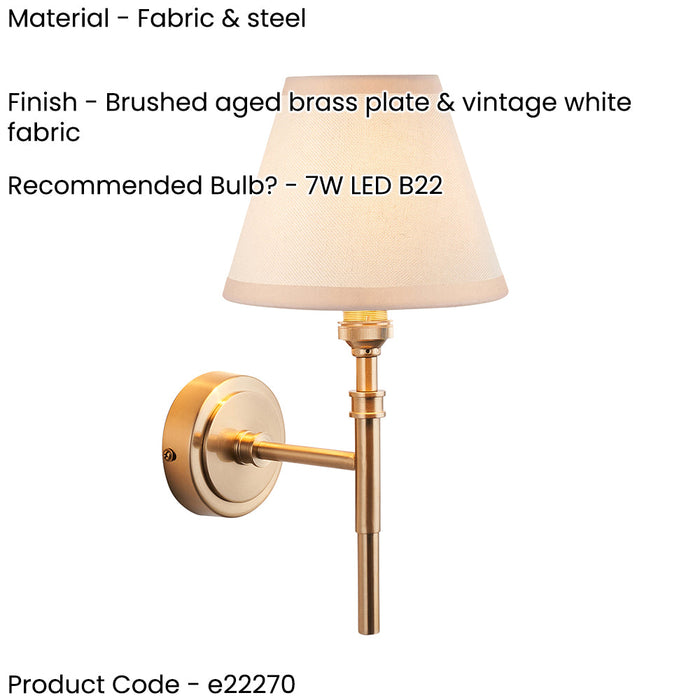 2 PACK Dimmable Wall Light - Brushed aged brass plate & vintage white fabric Shade - 7W B22 LED