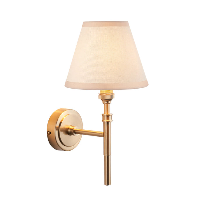 Dimmable Wall Light - Brushed aged brass plate & vintage white fabric Shade - 7W B22 LED