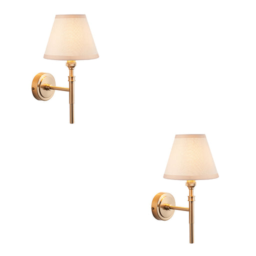 2 PACK Dimmable Wall Light - Brushed aged brass plate & vintage white fabric Shade - 7W B22 LED