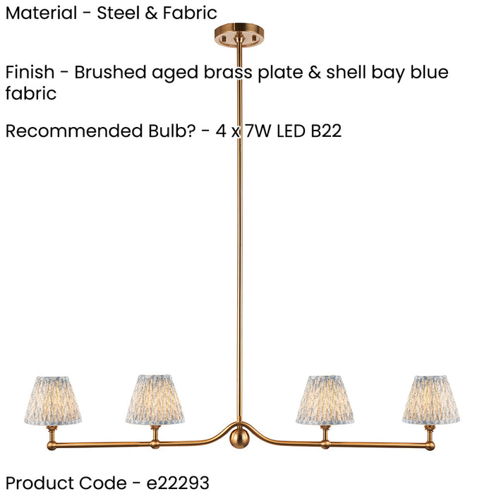 2 PACK Hanging Ceiling Pendant Light - Brushed aged brass plate & shell bay blue fabric - 4 x 7W LED B22
