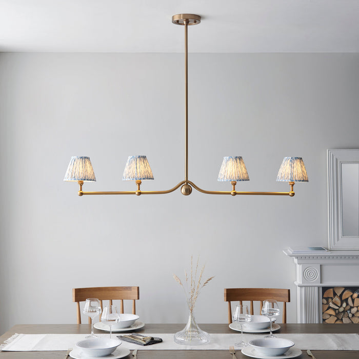 Hanging Ceiling Pendant Light - Brushed aged brass plate & shell bay blue fabric - 4 x 7W LED B22
