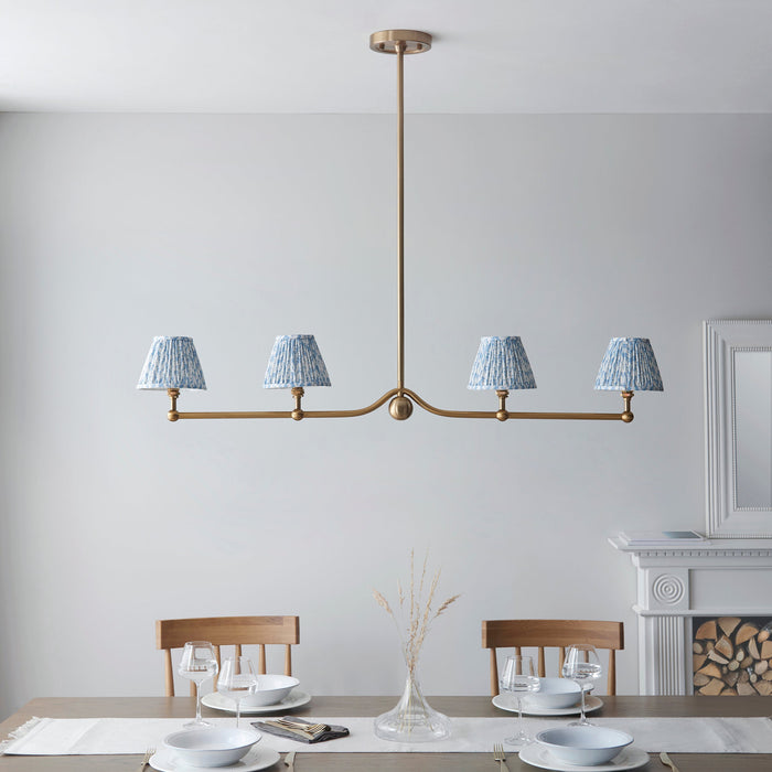 2 PACK Hanging Ceiling Pendant Light - Brushed aged brass plate & shell bay blue fabric - 4 x 7W LED B22