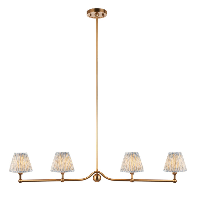 Hanging Ceiling Pendant Light - Brushed aged brass plate & shell bay blue fabric - 4 x 7W LED B22