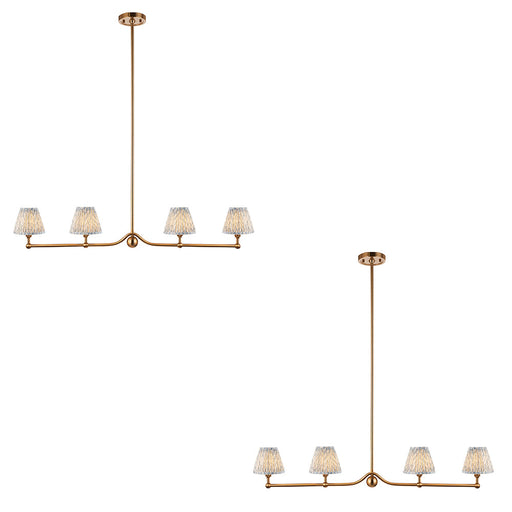 2 PACK Hanging Ceiling Pendant Light - Brushed aged brass plate & shell bay blue fabric - 4 x 7W LED B22