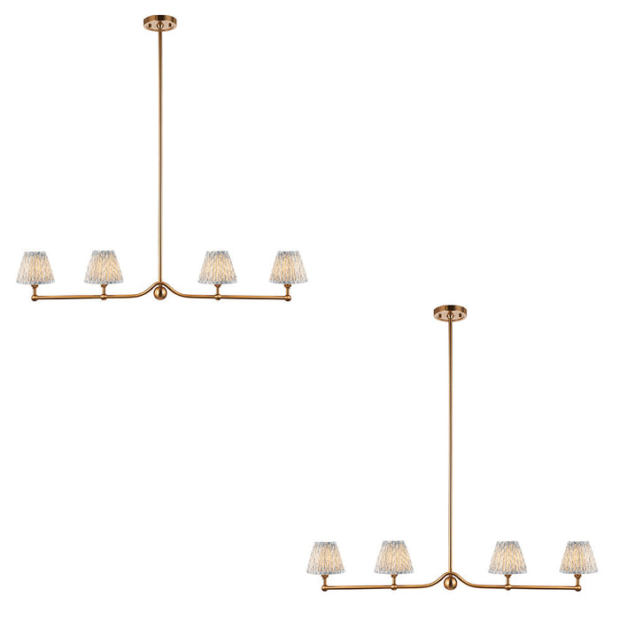 2 PACK Hanging Ceiling Pendant Light - Brushed aged brass plate & shell bay blue fabric - 4 x 7W LED B22