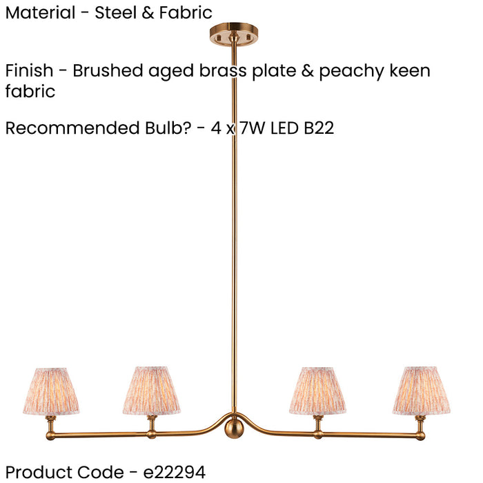 Hanging Ceiling Pendant Light - Brushed aged brass plate & peachy keen fabric - 4 x 7W LED B22